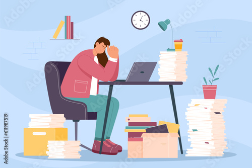 Office bureaucracy and employee overload vector illustration. Cartoon frustrated tired woman working overtime, sitting at desk with laptop and lamp, big piles of paper documents and lot of folders