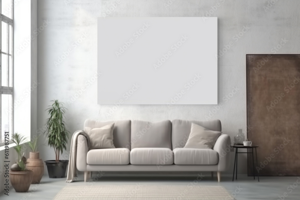 mockup blank white canvas on the wall, in the living room mockup blank white canvas on the wall, in the living room