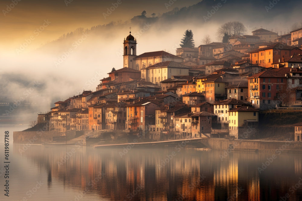 A town is on top of mist near a lake with fog, Italy