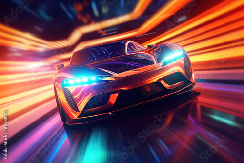 Colorful supercar on neon highway background generated by AI technology