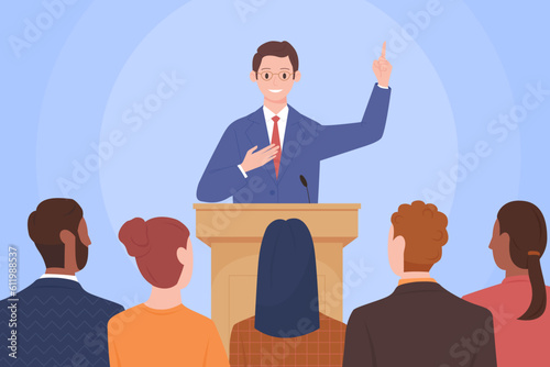 Public speech of confident man leader in front of audience vector illustration. Cartoon male speaker character speaking to crowd of people politician in suit standing at podium with microphone to talk