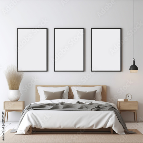 mockup of a set of 3 white blank canvas on bed room 