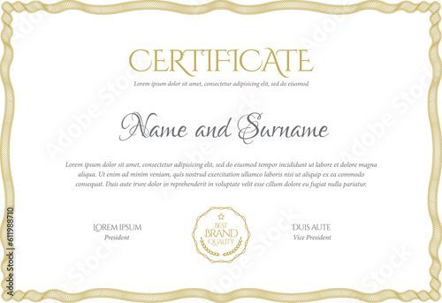 Certificate Template. Diploma of modern design or gift certificate. Frame from guilloche pattern. Elegant and expensive design. Vector illustration.