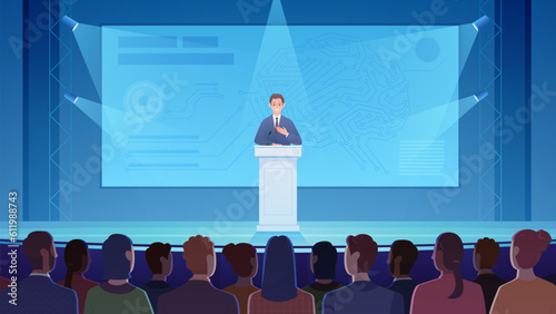 Public speech of scientist at science conference or symposium vector illustration. Cartoon confident speaker standing at podium on stage to explain to audience scientific presentation on screen