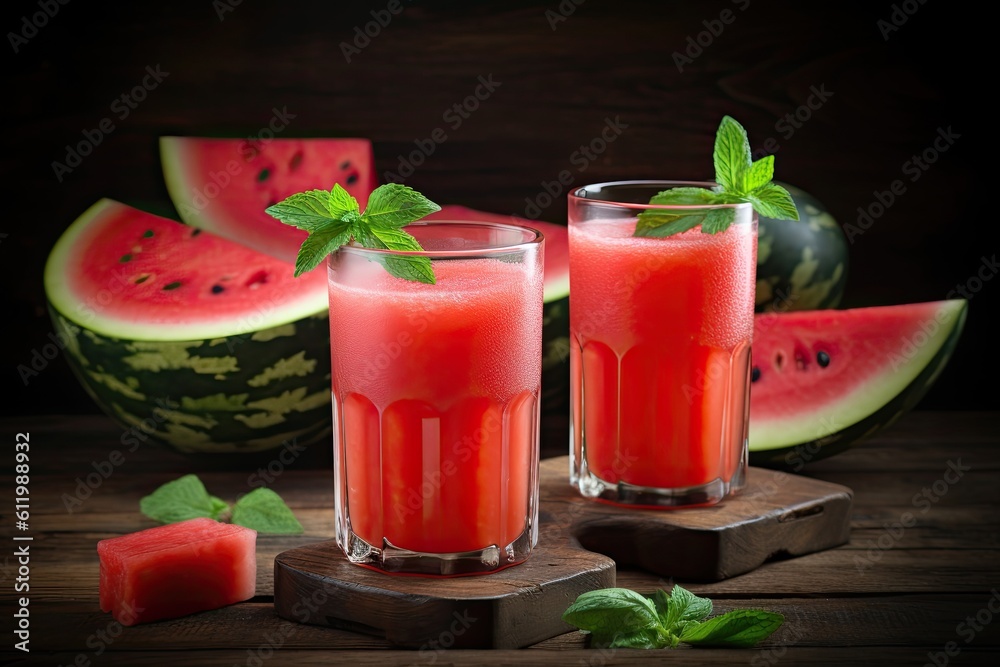 Watermelon juice in glasses, summer drink. Generative AI Watermelon juice in glasses, summer drink. Generative AI