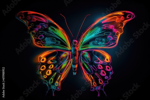 Illustration of a beautiful neon butterfly on a black background. Generative AI