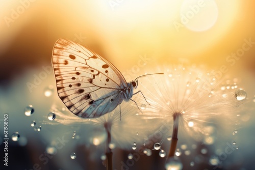 A beautiful butterfly sits on a dandelion with a beautiful sunny background in blur. Generative AI