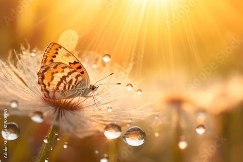 Summer illustration of a tender butterfly on a dandelion against the backdrop of sun rays. Generative AI
