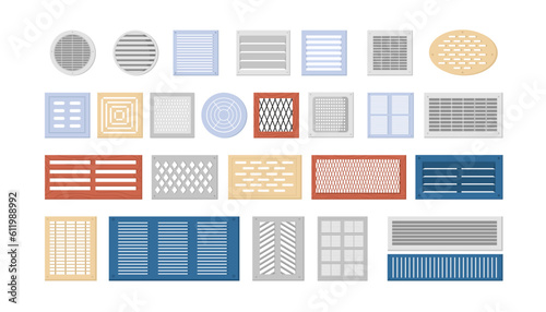 Ventilation shutters set vector illustration. Cartoon isolated metal and plastic lattice hole, domestic vent covers of different shapes and types with louver and grate for home kitchen and bathroom photo