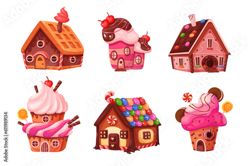 Candy houses set vector illustration. Cartoon isolated confectionery snack castles collection, colorful sweet buildings of candy world with lollipop and cream roofs, cookie, biscuit and cake walls