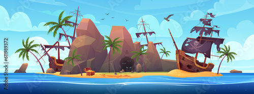 Wreck of pirate ships on desert island vector illustration. Cartoon island tropical landscape with sand beach and sea waves, open treasure chest, old broken wooden pirate boats with torn black sails