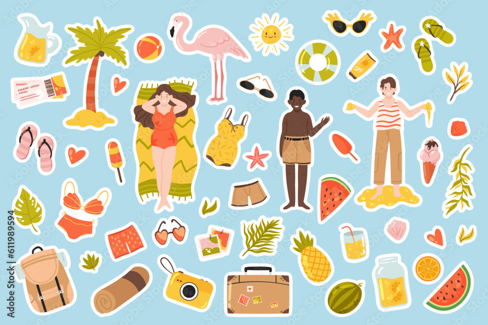 Summer holidays stickers set vector illustration. Cartoon isolated cute tropical travel beach collection with sunbathing characters, drink and exotic fruit, fashion sunglasses and swimsuit, starfish