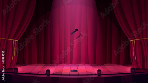 Empty theater or night club stage for comedy standup show vector illustration. Cartoon scene for music, comic live performance with lights in center and microphone on stand, classic red curtains