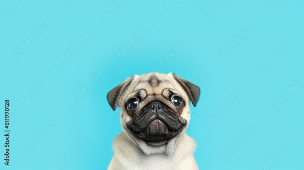 Cute puppy Pug portrait. A happy smiling puppy on a blue background with copy space. Generative Ai.