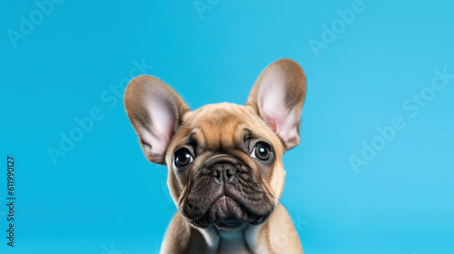 Cute puppy French Bulldog portrait. A little happy puppy on a blue background with copy space. Generative Ai.
