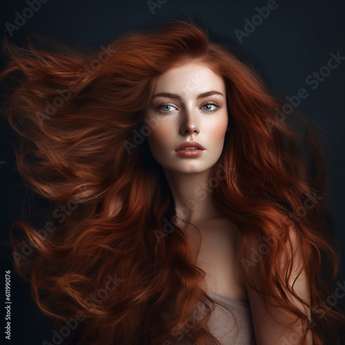 Portrait of beautiful young woman with green eyes and long red hair. Beautiful green-eyed  red-haired young woman.  Attractive face of  woman with long hair looking to camera.