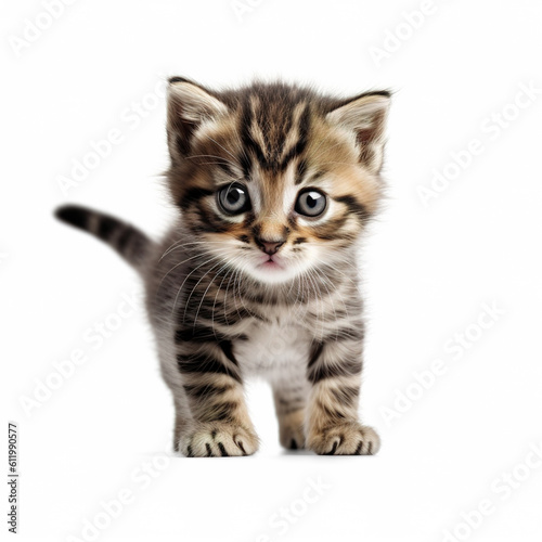 Cute tabby kitten isolated on white background. Striped kitty. Generative Ai.