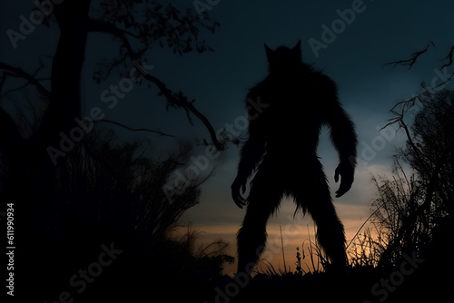 werewolf silhouette , dark, scary , moon in the background Generative AI © DanteVeiil