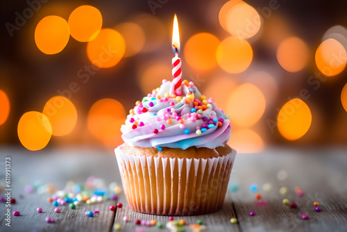 Delicious birthday cupcake on table with candles, bright background Generative AI