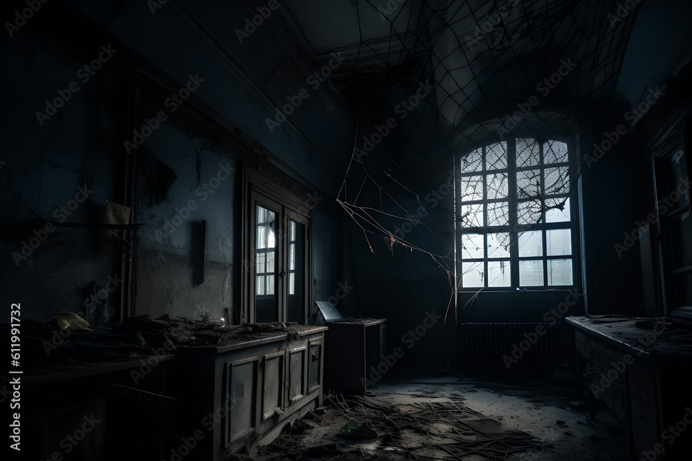 haunted building interior dark scary cobwebs Generative AI