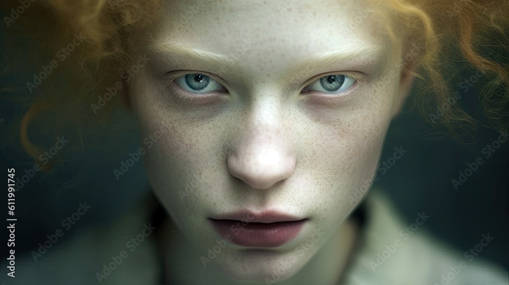 Person with albinism, showcasing their unique features and captivating gaze. Generative ai.