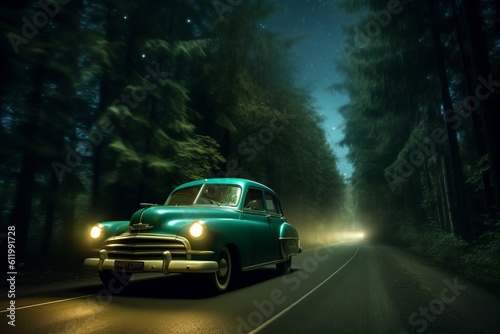 Magical Forest Drive: A Dreamy Nighttime Journey, Generative AI. © ParinApril