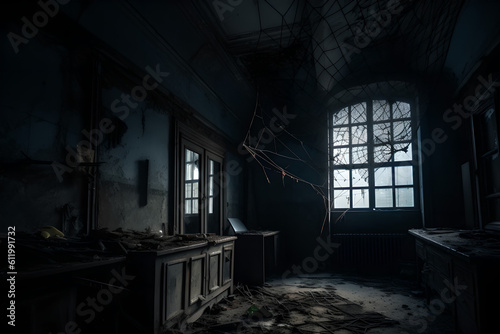haunted building interior dark scary cobwebs Generative AI