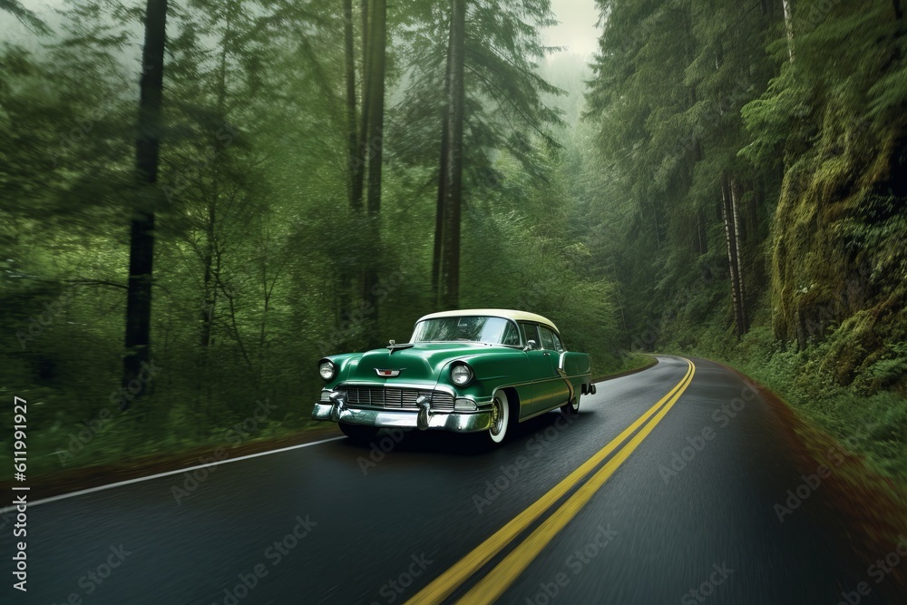 Green Car in Majestic Forest: A Stunning Scenic Drive, Generative AI.