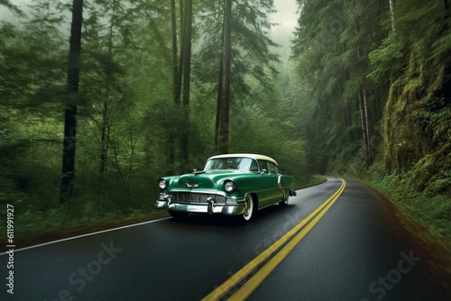 Green Car in Majestic Forest  A Stunning Scenic Drive  Generative AI.