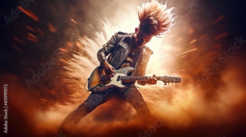 A person with a Mohawk hairstyle and punk fashion, performing electrifying guitar solos on a massive stage. Generative ai.