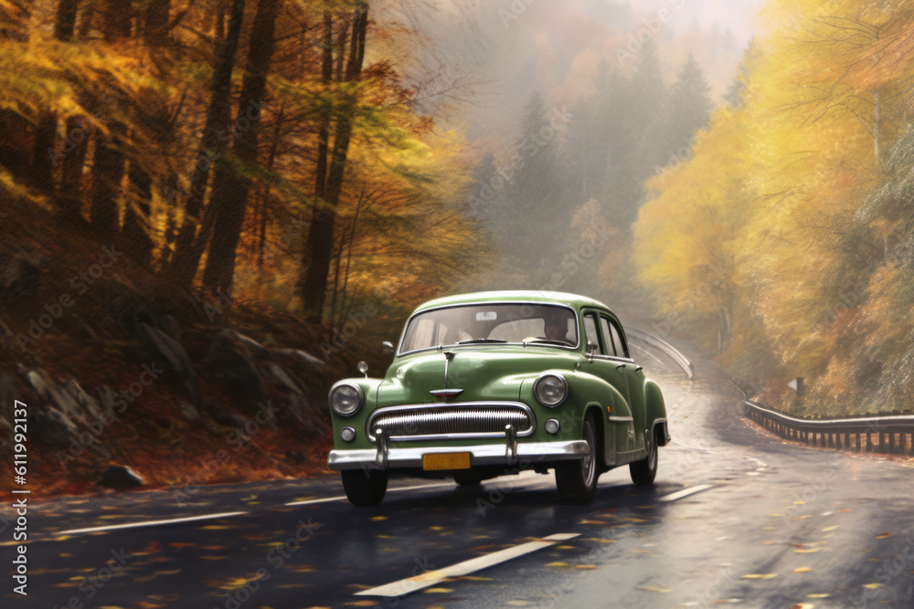 Seasonal Joyride: Explore Nature's Beauty with a Green Car, Generative AI.