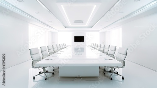 A white space with an empty conference table  ideal for showcasing office supplies or business services. Generative ai.