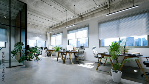 Modern office interior with exposed concrete ceiling and floor. 3d rendering