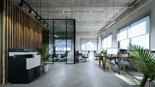 Modern office interior with exposed concrete ceiling and floor. 3d rendering photo