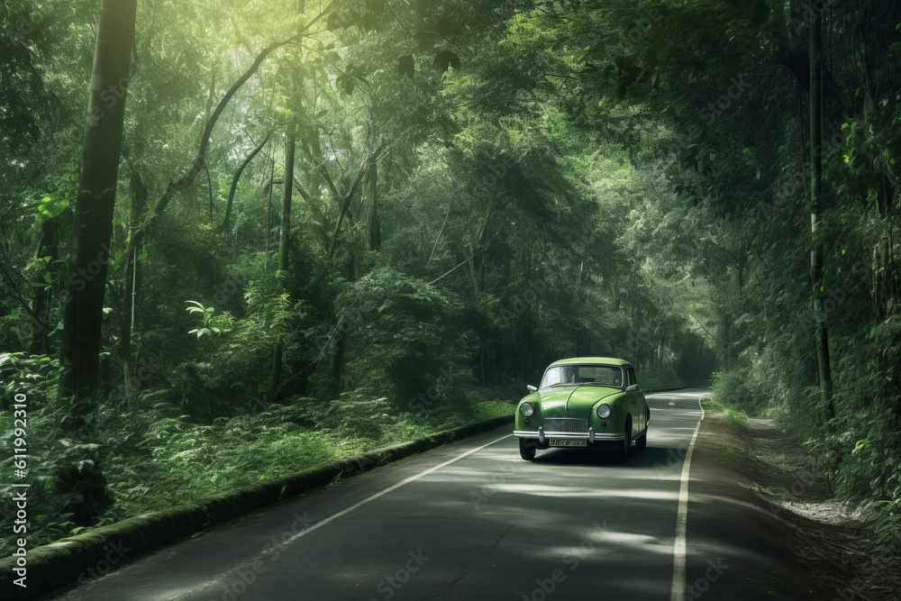 Fototapeta premium Escape to Serenity: Eco-Friendly Car in Secluded Forest Haven, Generative AI.