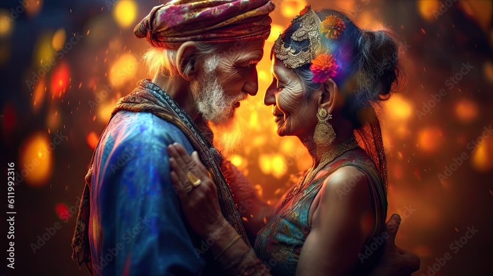 An elderly couple wearing traditional Indian attire, gracefully dancing together at a colorful festival. Generative ai.