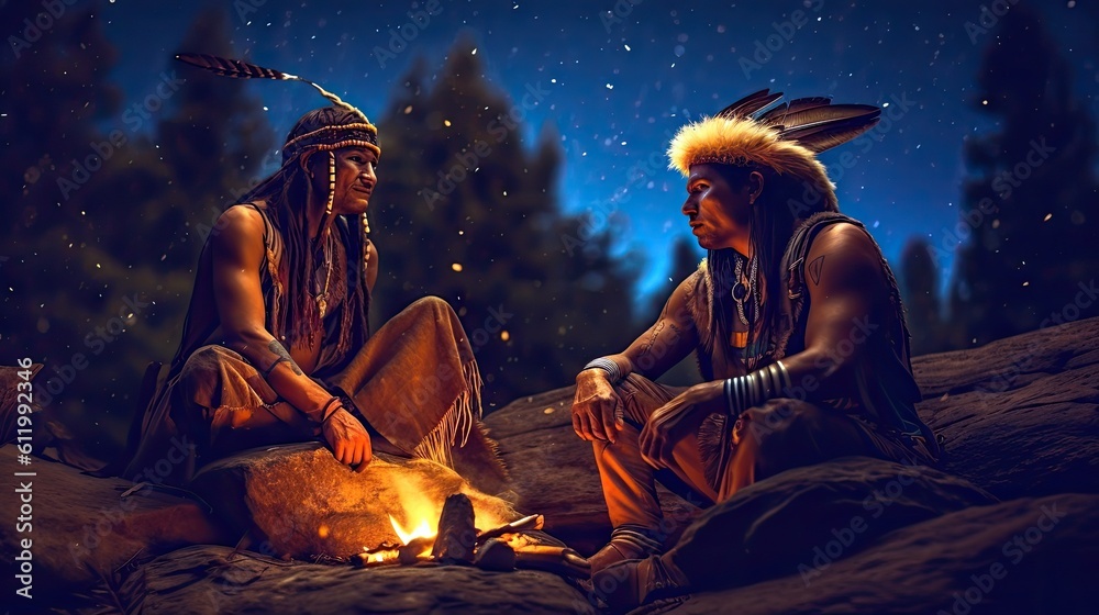 Two Native American friends sitting around a campfire, telling stories under a starry night sky. Generative ai. - obrazy, fototapety, plakaty 