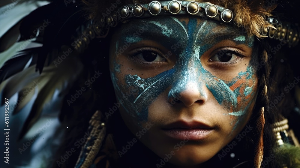 Native wearing a traditional African tribal mask, with only their intense eyes visible. Generative ai.