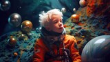 An albino child wearing a spacesuit, floating in zero gravity and exploring a galaxy filled with colorful planets. Generative ai.