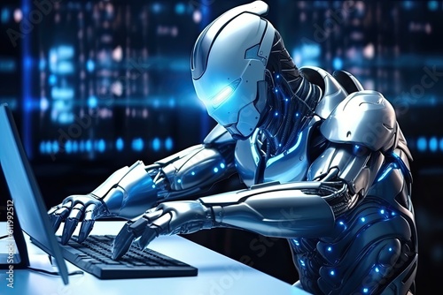 humanoid robot typing on computer keyboard
