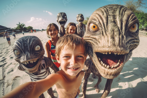 Kids taking selfie with aliens on the beach. AI generative art