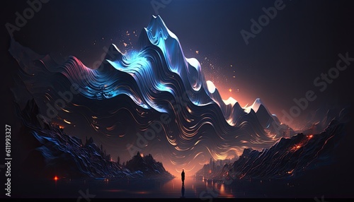 wallpaper mountain range with a waterfall and lights above it, in the style of surreal 3d landscapes, background, futuristic © Unique