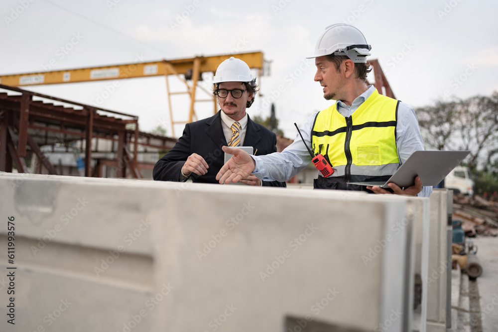 Portrait two caucasian engineer man working with notebook computer at precast site work Portrait two caucasian engineer man working with notebook computer at precast site work