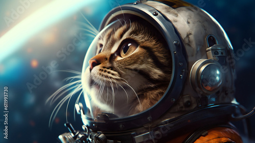cat in a space helmet with planets in the background
