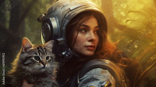 Cat woman in astronaut suit forest