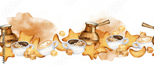 Fotografie, Obraz watercolor seamless border of coffee theme with coffee mull, cookies, turkish co