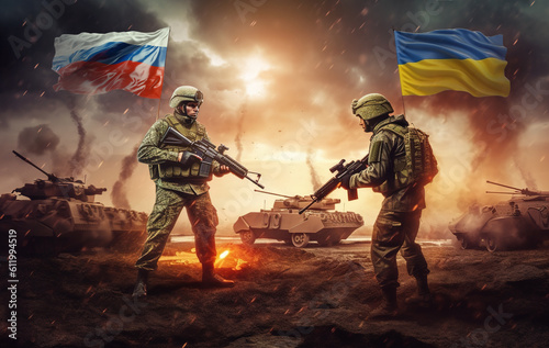 Conflict between Russia and Ukraine. Solders with weapons standing one against another with flags of Russian Federation and Ukraine and tanks and war atmosphere in the background.