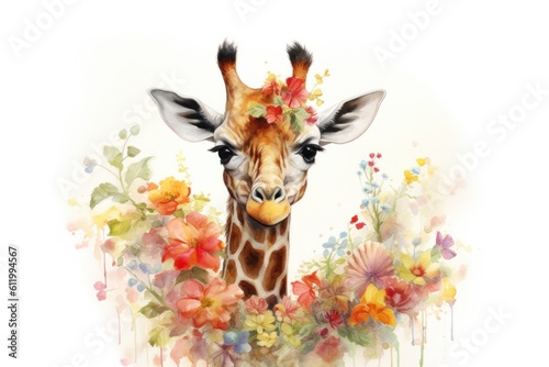 Giraffe surrounded by colorful flowers  on a white background. Generative AI