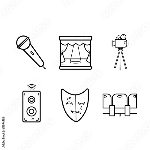 Cinema or performance themed vector icon set collection illustration isolated on square white background. Simple flat outlined minimalist cartoon art styled drawing.