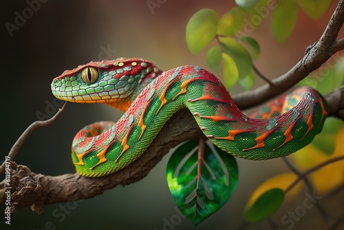 Trimeresurus puniceus, or the flat-nosed pit viper, resting on a tree limb. Generative AI photo